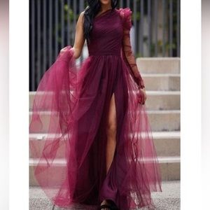 #155 Formal Single Sleeve Elegant, Bridsmaide Tulle maxi Dress with slit